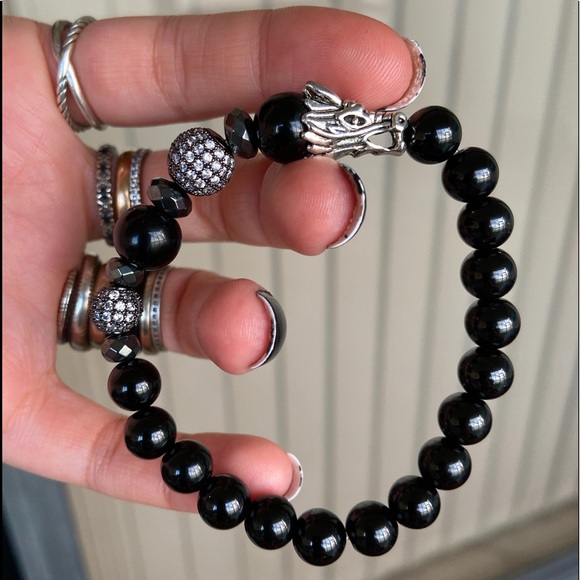 Dragon onyx bracelet . Gemstones black onyx beads cz ball & silver dragon charm - Picture 8 of 11